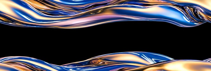 Poster - Fluid patterns of colorful metallic waves flow gracefully against a black background, creating an abstract visual experience
