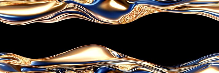 Poster - Colorful waves of liquid gold and blue flowing across a black background create an abstract visual art experience
