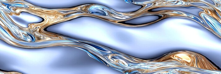 Poster - Abstract design of swirling metallic textures and colors in shades of blue and gold creating a fluid composition