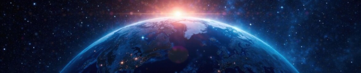 radiant blue planet surrounded by a halo of golden light against a dark starry universe backdrop , a