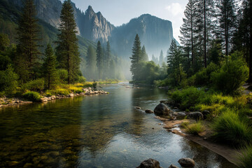 Poster - Calm river flows through a misty forest, reflecting the towering granite cliffs in Yosemite National Park, conveying serenity and the beauty of untouched nature