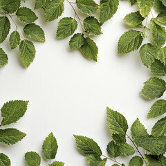 Poster - Fresh green leaves create vibrant and natural frame on light background, evoking sense of tranquility and connection to nature. arrangement highlights beauty of foliage