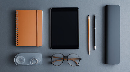 Aufkleber - Minimalist flat lay of educational tools: notebook, pen, tablet, glasses