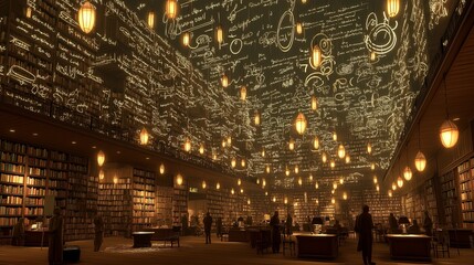 Fototapete - Library filled with floating words, ideas, and glowing concepts