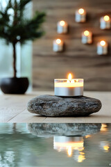 Poster - lit candle placed on stone creates serene atmosphere, reflecting beautifully in water nearby. warm glow adds calming touch to natural setting
