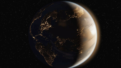 abstract planet with illuminated continents in dark space