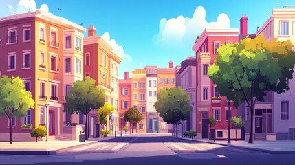 Fototapete - Flat design of a city street with simple buildings, trees, and roads