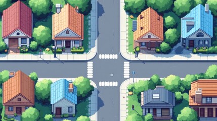 Fototapete - Flat design of a city street with simple buildings, trees, and roads