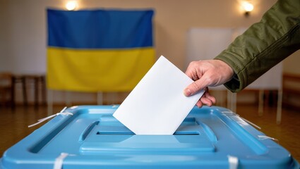 Aufkleber - A person is placing a piece of paper into a blue ballot box.