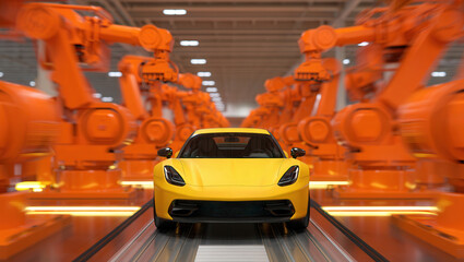 Poster - A yellow sports car on an assembly line surrounded by orange robots.