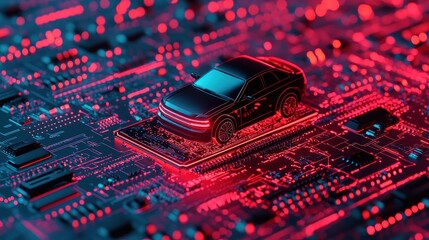 Poster - Futuristic Car Model on Circuit Board Background in Neon Red and Blue Glow Concept of Technology and Automotive Innovation