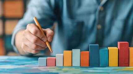 Poster - Creative Workspace with Colorful Wooden Blocks and Person Drawing Graphs on Business Strategy Concept
