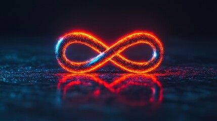 Poster - Glowing Infinity Symbol with Neon Light Effects and Reflections on Dark Background