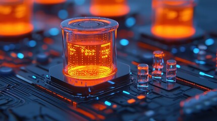 Poster - Futuristic Digital Circuit Board with Bright Orange Liquid Cores and Glowing Components in a High-Tech Environment