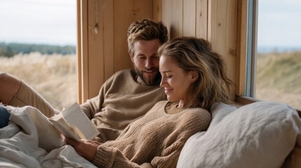 Fototapete - Nestled in a rustic cabin, a couple enjoys a tranquil afternoon reading together