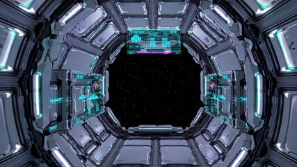 Poster - Exploring a futuristic spaceship corridor with neon lights and a starry view outside