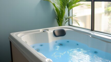 Poster - Stylish bathtub with fresh plant in the background creating a calm and inviting bathroom scene