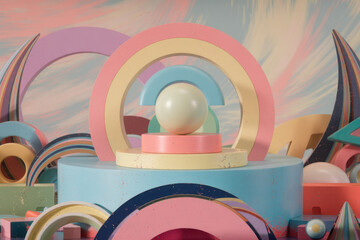 Poster - Whimsical Abstract Composition of Colorful Geometric Shapes and Soft Pastel Tones