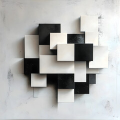 Poster - Abstract Geometry: A contemporary minimalist artwork showcasing an intricate arrangement of black and white rectangular blocks, creating a dynamic interplay of light and shadow and geometrical shapes.