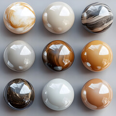 Poster - Nine Spheres of Artistic Elegance: An aesthetically pleasing composition featuring nine glossy spheres, each displaying unique textures, colors, and reflections.
