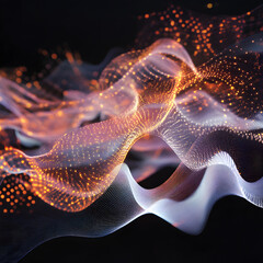 Fototapete - Data flow visualization: A captivating abstract display of dynamic data flow, with fluid, glowing lines and particles that weave through the darkness.