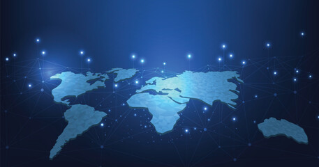 Leinwandbilder - Global network connection. High-tech Network technology background with dots and lines connection system.Vector abstract technology on world map and a blue background.	