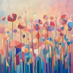 Poster - Geometric Floral Fantasy: A vibrant collection of stylized flowers bloom in a field of vibrant color, captured in a captivating geometric design that brings to life the beauty of nature.