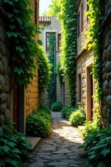  Secluded alleyway with rugged stone wall covered in vines, grey, urban, architecture