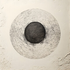 Poster - Abstract Black Circle: Intricate drawing of a central dark circle surrounded by textured, grainy elements. Illustrates concepts of depth, dimension, and the mysteries of the universe.