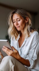 Poster - A woman with wavy hair is absorbed in her tablet as she sits comfortably in a peaceful, softly lit room. She radiates focus and tranquility while exploring digital content