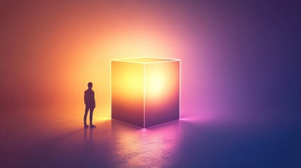 Poster - Person Staring at Illuminated Cube in Abstract Environment
