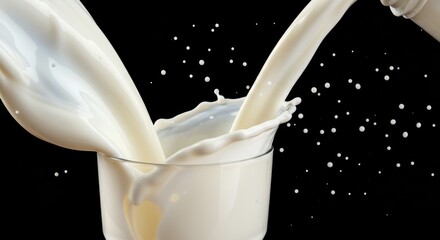 Poster - Pouring fresh milk into a glass with splash and droplets against a dark black studio background scene