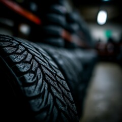 Aufkleber - A close-up of stacked car tires in a garage, highlighting the texture and depth of the treads.