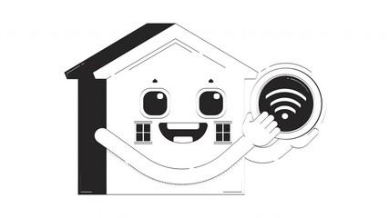 Poster - Cute smart home character with Wi-Fi connectivity doodle outline animation. Happy house wifi signal. IoT-powered household mascot animated sketch 2D concept isolated on white. 4K video motion graphic