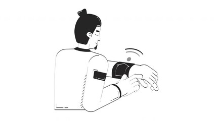 Poster - Smart home app for smartwatch doodle linear animation. Man interacting with wearable device on wrist, IoT remote control animated 2D outline character sketch isolated on white. 4K video motion graphic