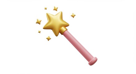 Leinwandbilder - A 3d render of a gold star shaped magic wand with smaller gold stars around it on white background