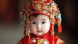 © sitifatimah - Chinese baby wears vibrant red traditional costume, elaborate headdress radiates celebratory, cultural heritage.