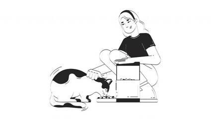 Poster - Automatic cat feeder doodle linear animation. Smart pet technology. Control food dispenser. IoT device feeding kitty animated 2D outline character sketch isolated on white. 4K video motion graphic