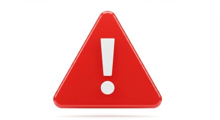 Poster - A glossy red triangle sign with a white exclamation point on a white background in a centered view