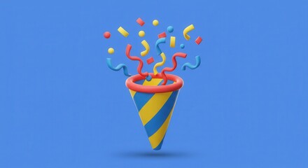 Poster - A 3d rendering of a party popper with confetti on a blue background for celebrations and events