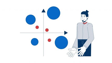 Poster - Businessman analyzing bubble chart 2D animation. Scatter plot with XY axis. Corporate male analyst placing data points animated character cartoon flat concept metaphor 4K video isolated on white