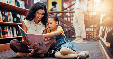 Poster - Teaching, woman or child reading book for storytelling, development or growth in school. Teacher, student or tutor with girl or kid in library for literature lesson, fairy tale or education support