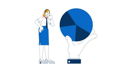 Poster - Taking closer look at data 2D animation. Professional analyzing piechart. Female analyst pie chart interpretation animated character cartoon flat concept metaphor 4K video isolated on white