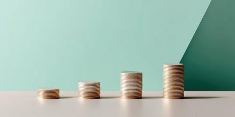 Aufkleber - Minimalist Financial Growth Visualization Ascending Coin Stacks on Mint Green Gradient Backdrop - Strategic Investment Performance Analytics for Digital Wealth Management