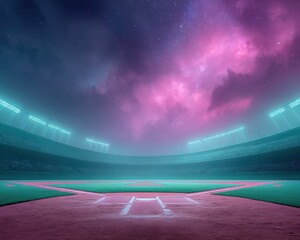 Poster - Ethereal Stadium Dreams Cinematic Baseball Field Under Neon Twilight - Next-Gen Sports Venue Visualization for Digital Marketing and Immersive Fan Experience
