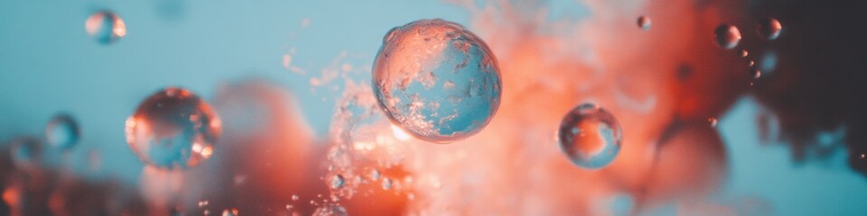 Poster - Fluid Dynamics Meets Digital Innovation Macro Liquid Spheres in Coral and Teal - Immersive Scientific Visualization for Tech, Design, and Molecular Research Content