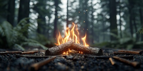 Wall Mural - Campfire burning in serene forest setting