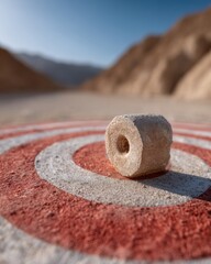 Poster - Minimalist Target Precision Rustic Stone Element on Textured Bullseye - Industrial Design Meets Natural Aesthetics in Conceptual Spatial Composition