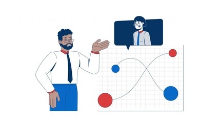 Poster - Data discussion and analysts collaboration 2D animation. Diverse businesspeople analyzing performance chart nodes animated characters cartoon flat concept metaphor 4K video isolated on white