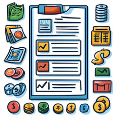 Poster - A stylized of a financial report or spreadsheet featuring rows of data entries and icons representing cash flow income and expenses in a simplified vector based design
